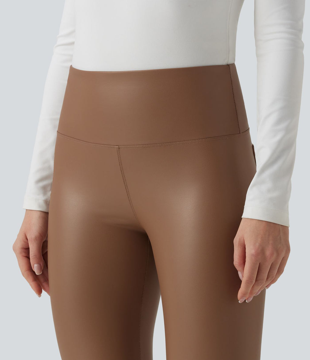 Pantalon 7/8 moulant décontracté polaire gainant taille haute extensible effet cuir avec poches