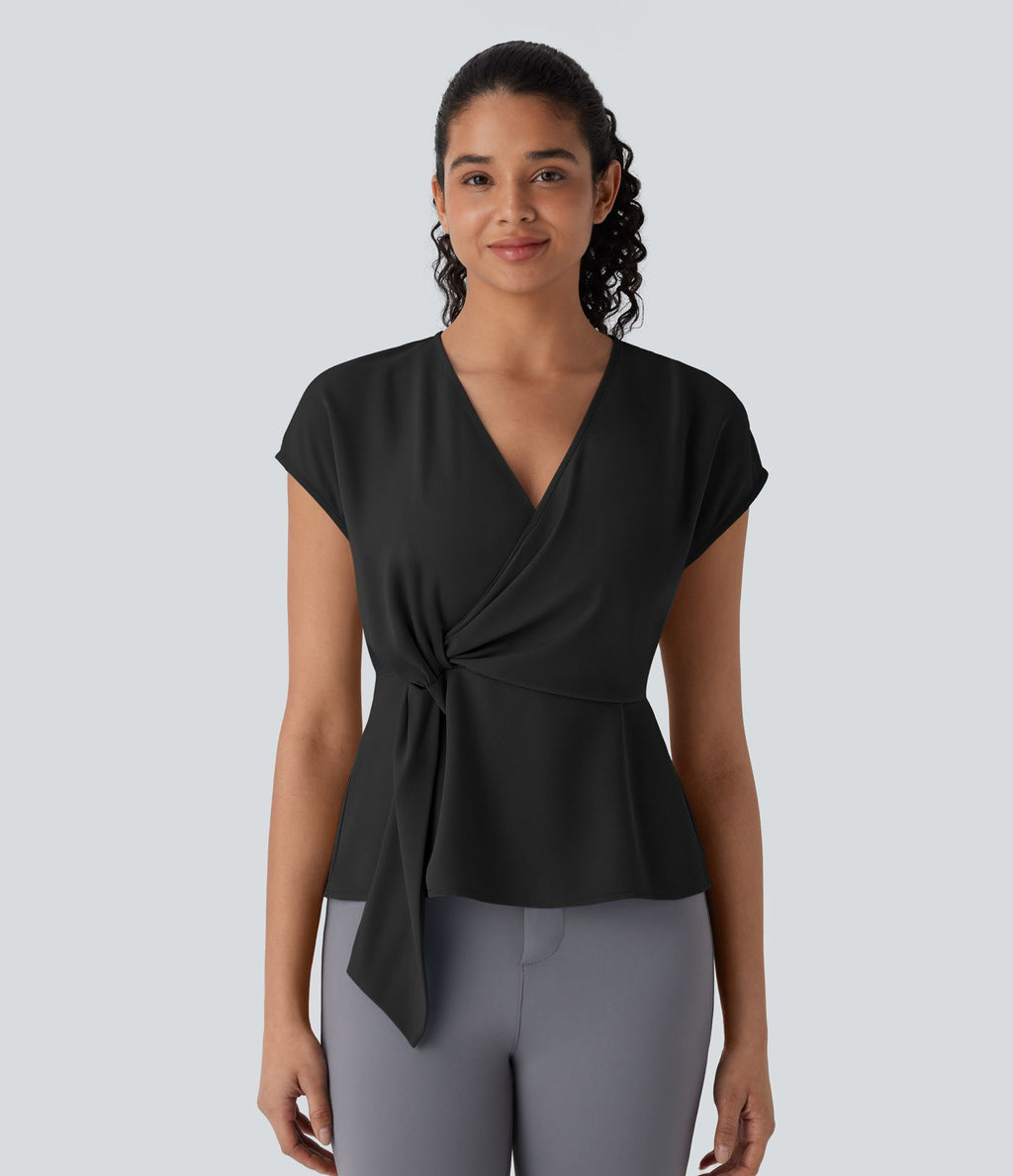 Blouse portefeuille à col en V, manches courtes et fronces pour le bureau