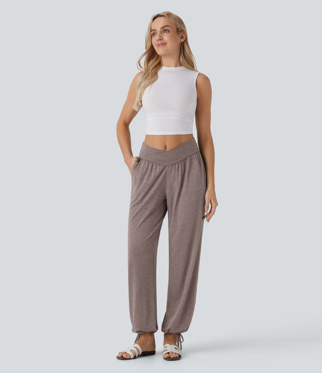 Pantalon de jogging décontracté à taille haute croisée avec poches latérales et cordon de serrage