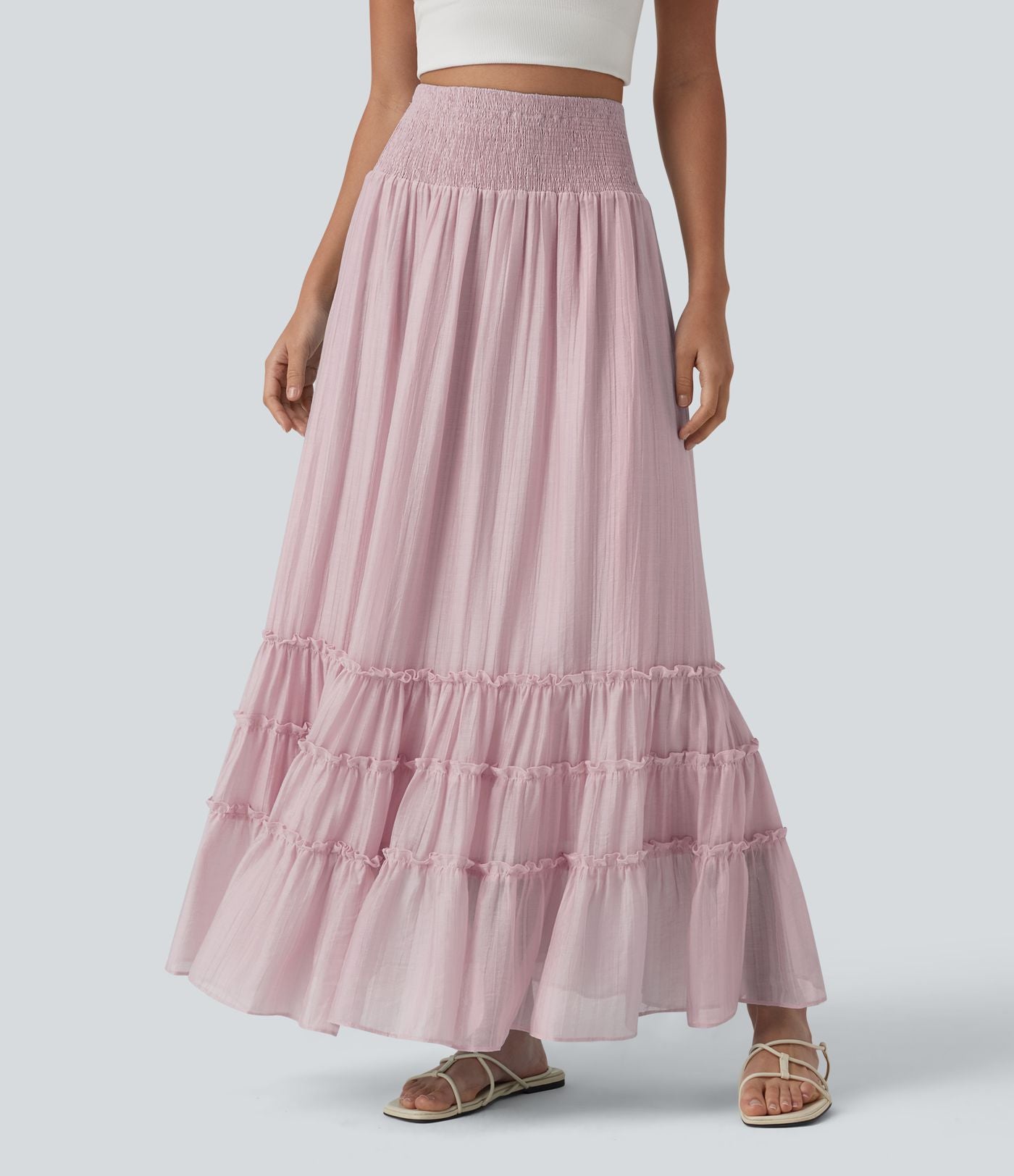 Jupe longue fluide à volants taille haute – Style resort