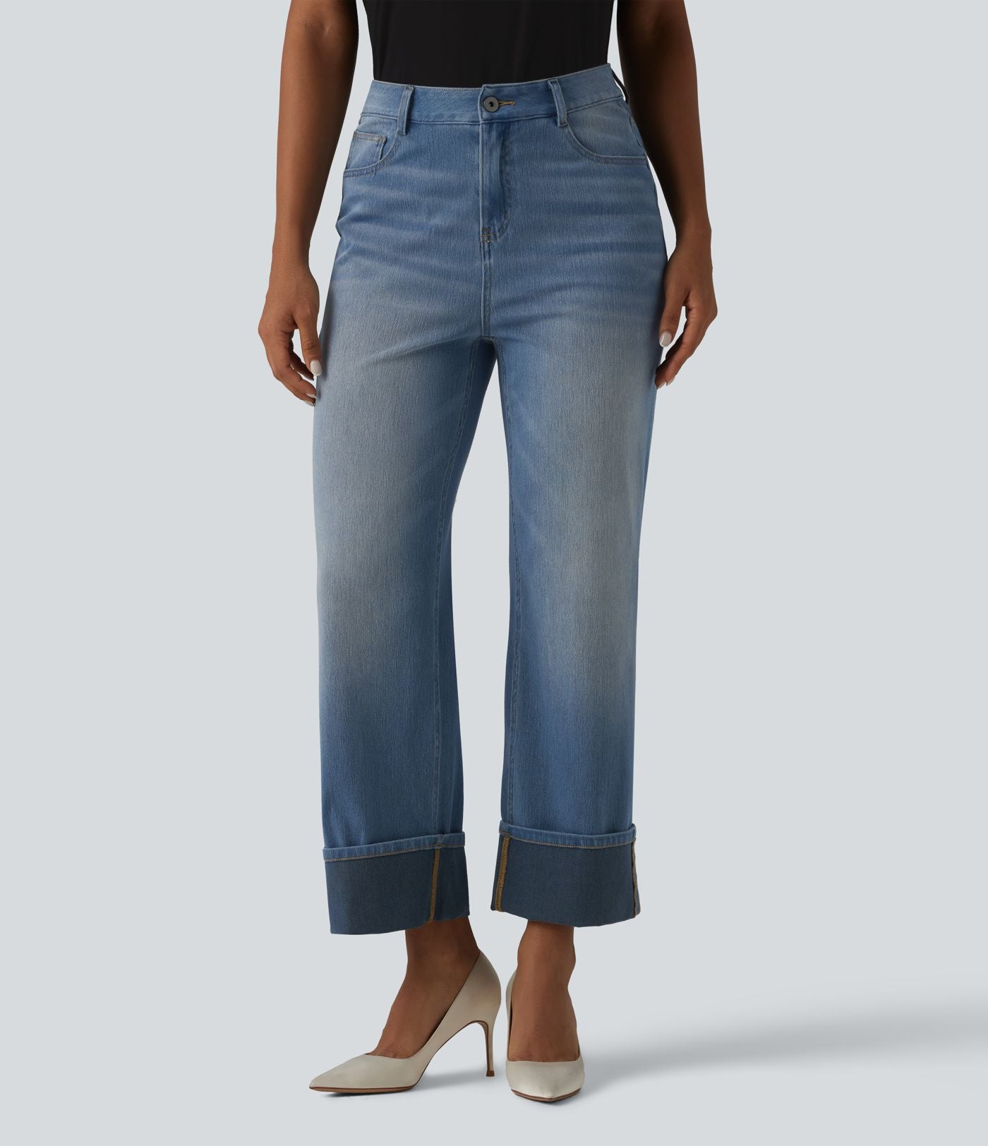 Jean coupe droite Halara Flex™ délavé décontracté, taille haute, à revers, à poches