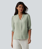 Blouse décontractée à col en V et manches courtes bouffantes