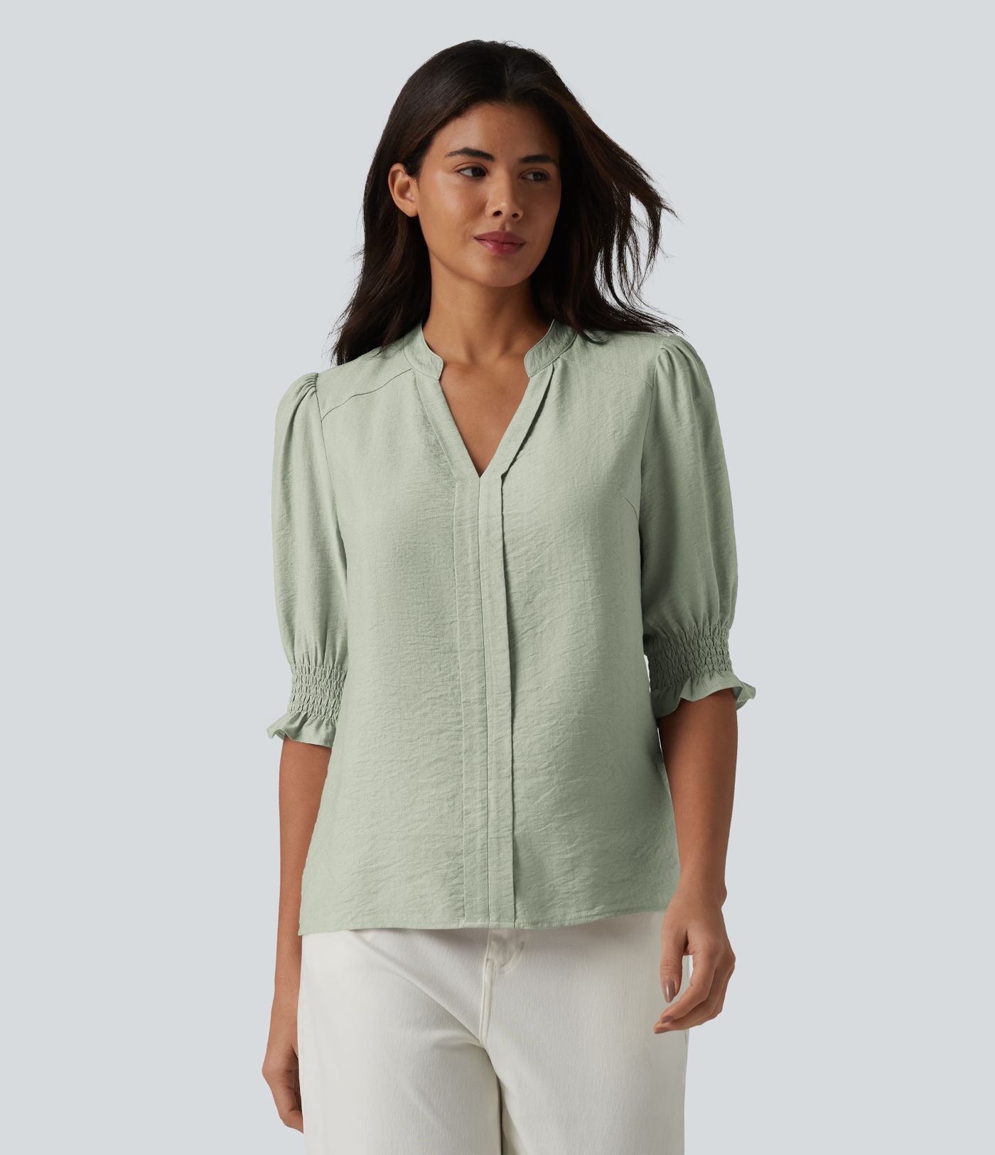 Blouse décontractée à col en V et manches courtes bouffantes