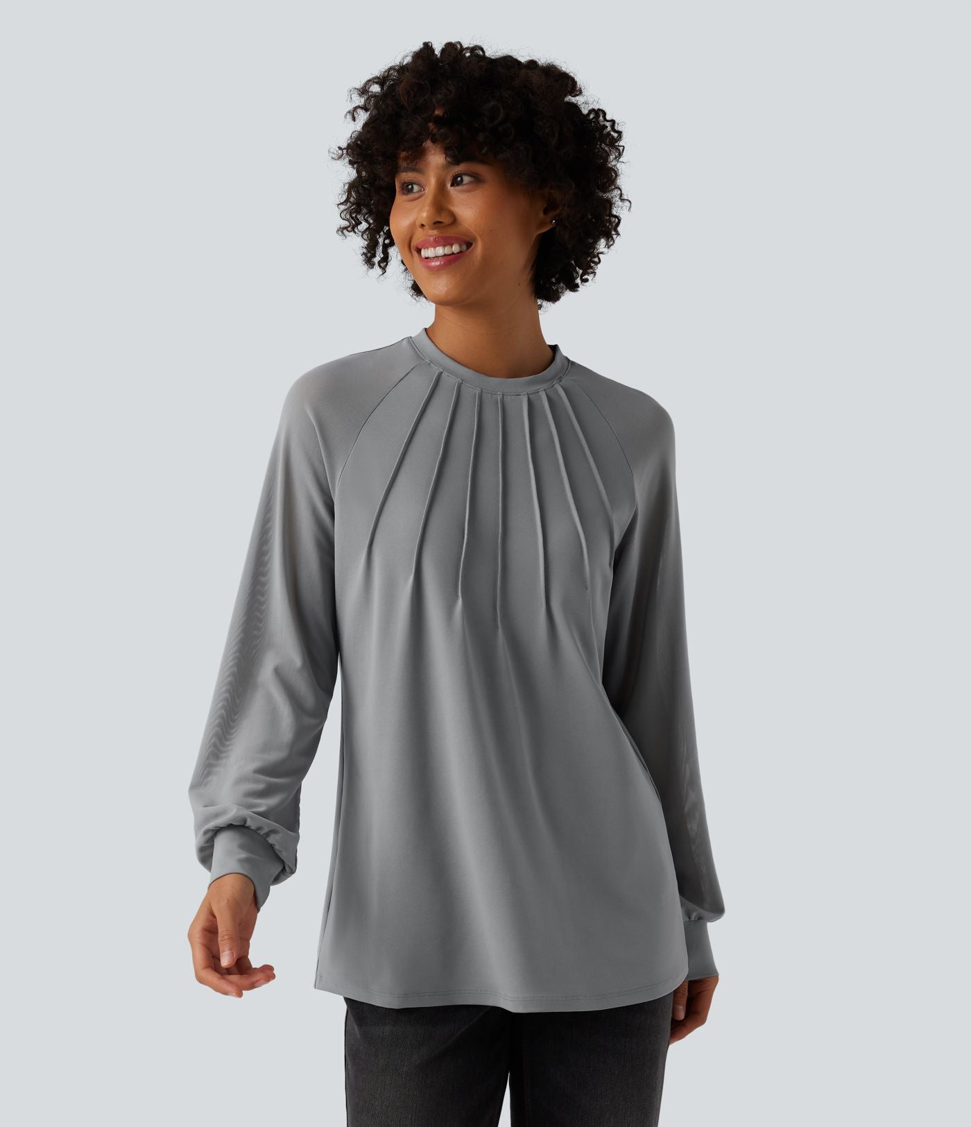 Blouse mesh contrastant col rond manches raglan longues