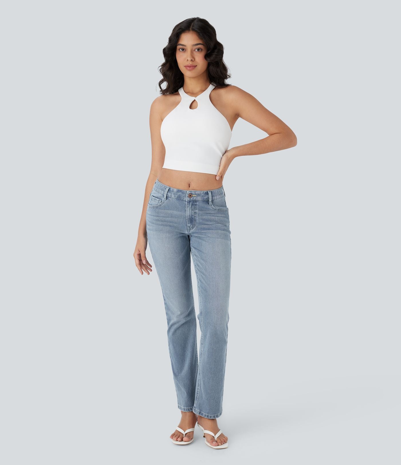 Jean bootcut délavé Halara Flex™ taille basse avec bouton, fermeture éclair et poches multiples