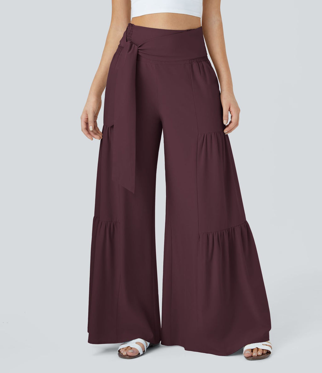 Breezeful™ Pantalon Large Casual Taille Haute Froncé à Nouer Devant et Dos Fluide Séchage Rapide