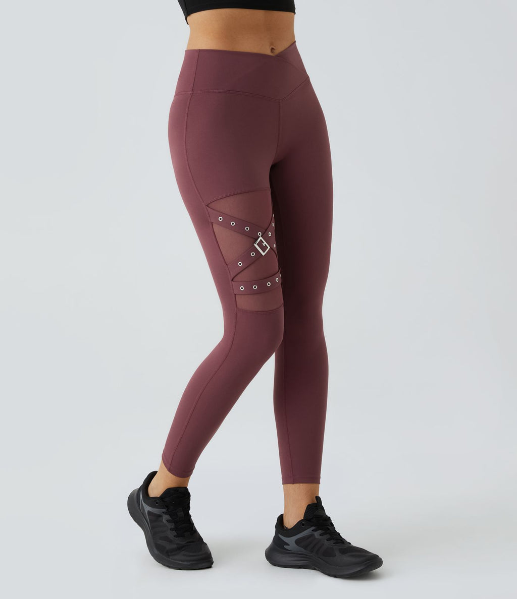 Legging yoga croisé taille haute avec mesh contrastant et boucle décorative DayStretch
