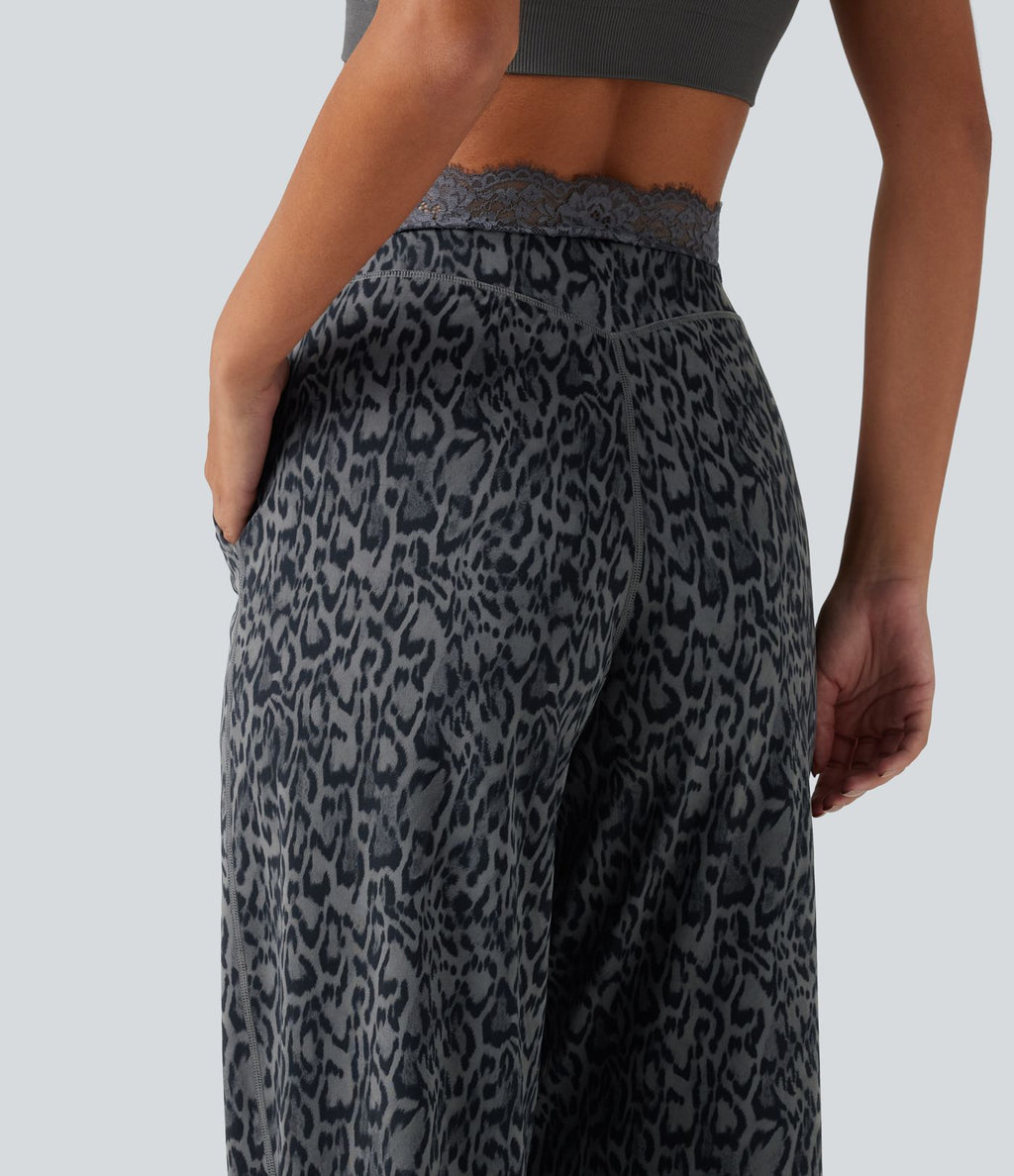 Pantalon de yoga droit taille haute Halara UltraSculpt™ léopard avec dentelle contrastée et poches