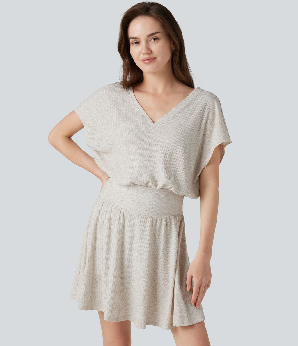 Robe mini décontractée 2-en-1 en maille côtelée mélange de lin, col V, manches courtes, coupe fluide