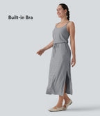 Robe décontractée midi rayée avec brassière intégrée cordon de serrage et poches