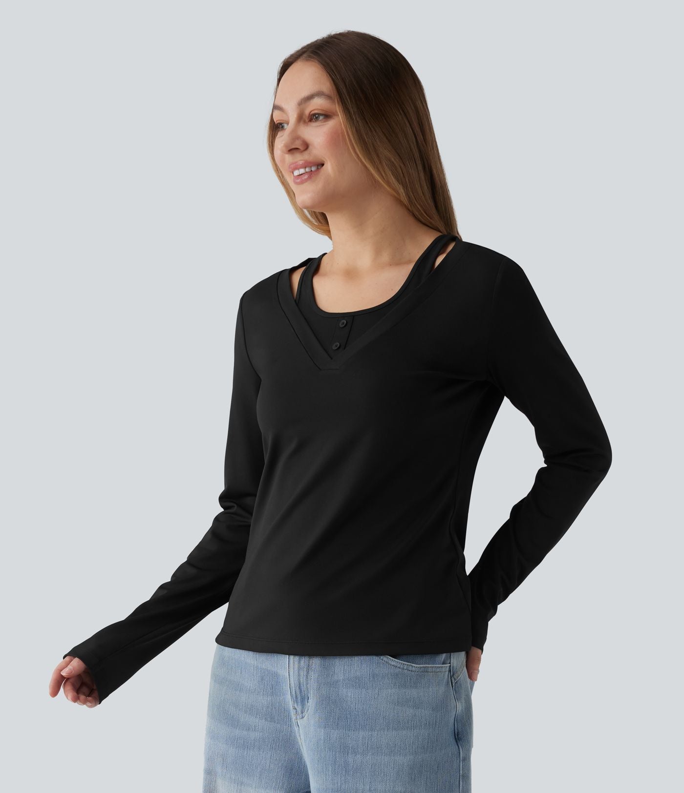 T-shirt casual 2-en-1 col V à manches longues