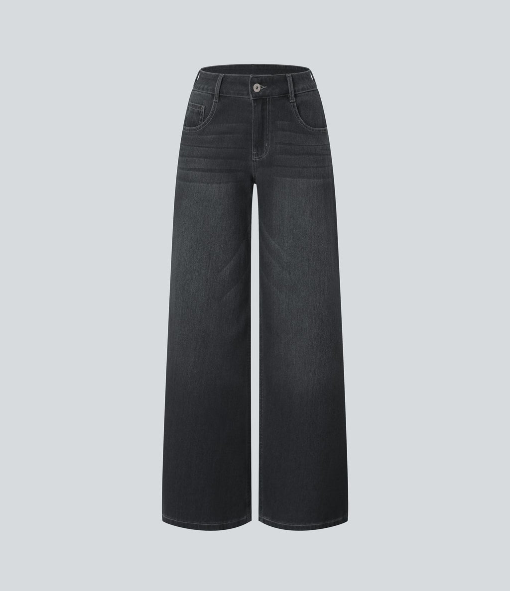Halara Flex™ Jean Large Casual Taille Basse avec Boutons Zip Multiples Poches Lavés Élastiques et Tricotés