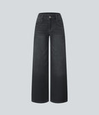Halara Flex™ Jean Large Casual Taille Basse avec Boutons Zip Multiples Poches Lavés Élastiques et Tricotés