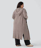 Cardigan long casual à capuche avec poches latérales et fentes grande taille manches longues