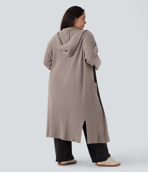 Cardigan long casual à capuche avec poches latérales et fentes grande taille manches longues