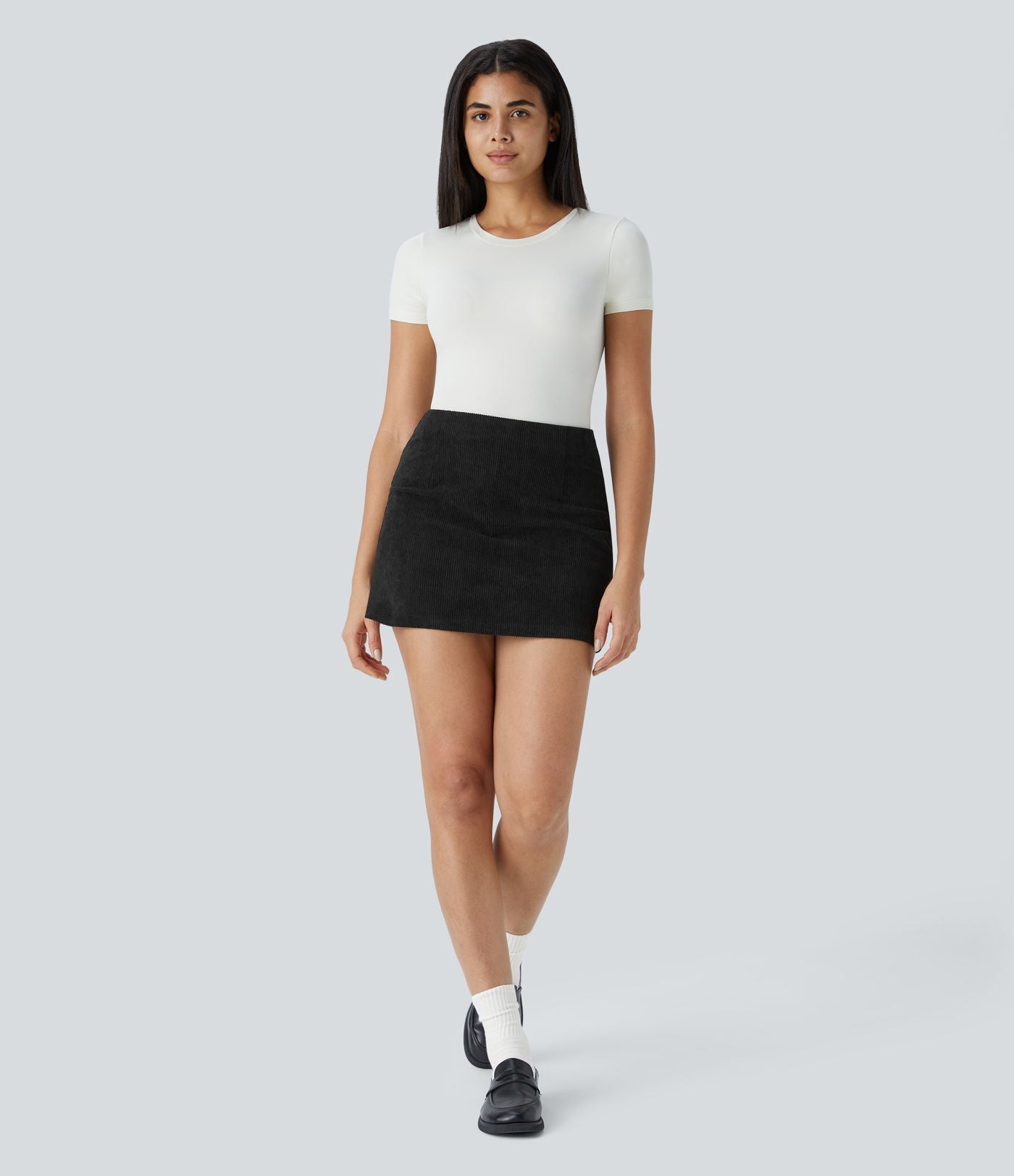 Mini-Jupe Casual en Velours Côtelé 2 en 1 Fermeture Éclair Invisible Taille Haute