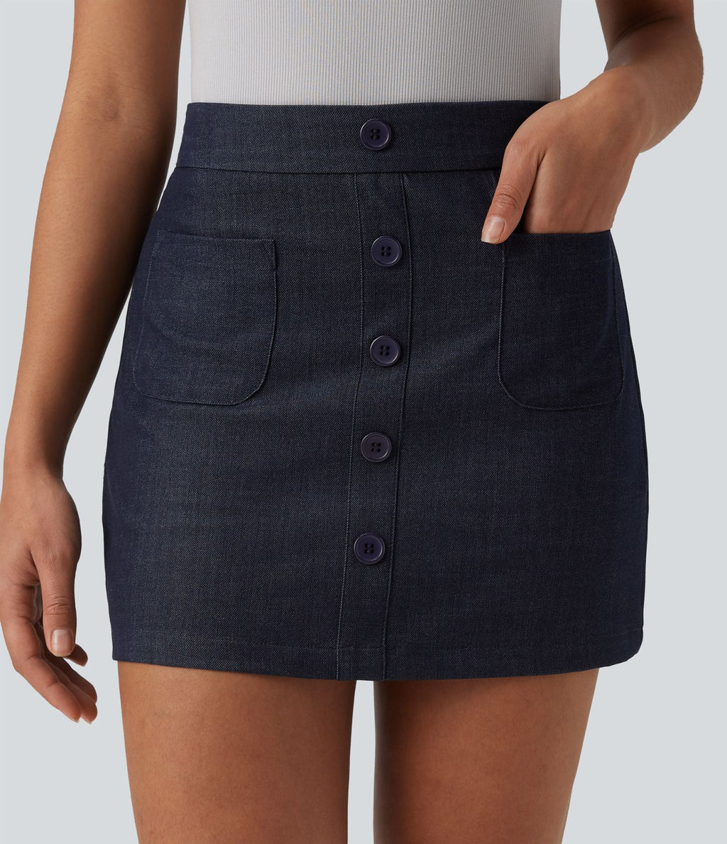 Jupe mini casual 2-en-1 moulante taille haute effet denim avec fermeture éclair invisible et poches