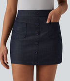 Jupe mini casual 2-en-1 moulante taille haute effet denim avec fermeture éclair invisible et poches