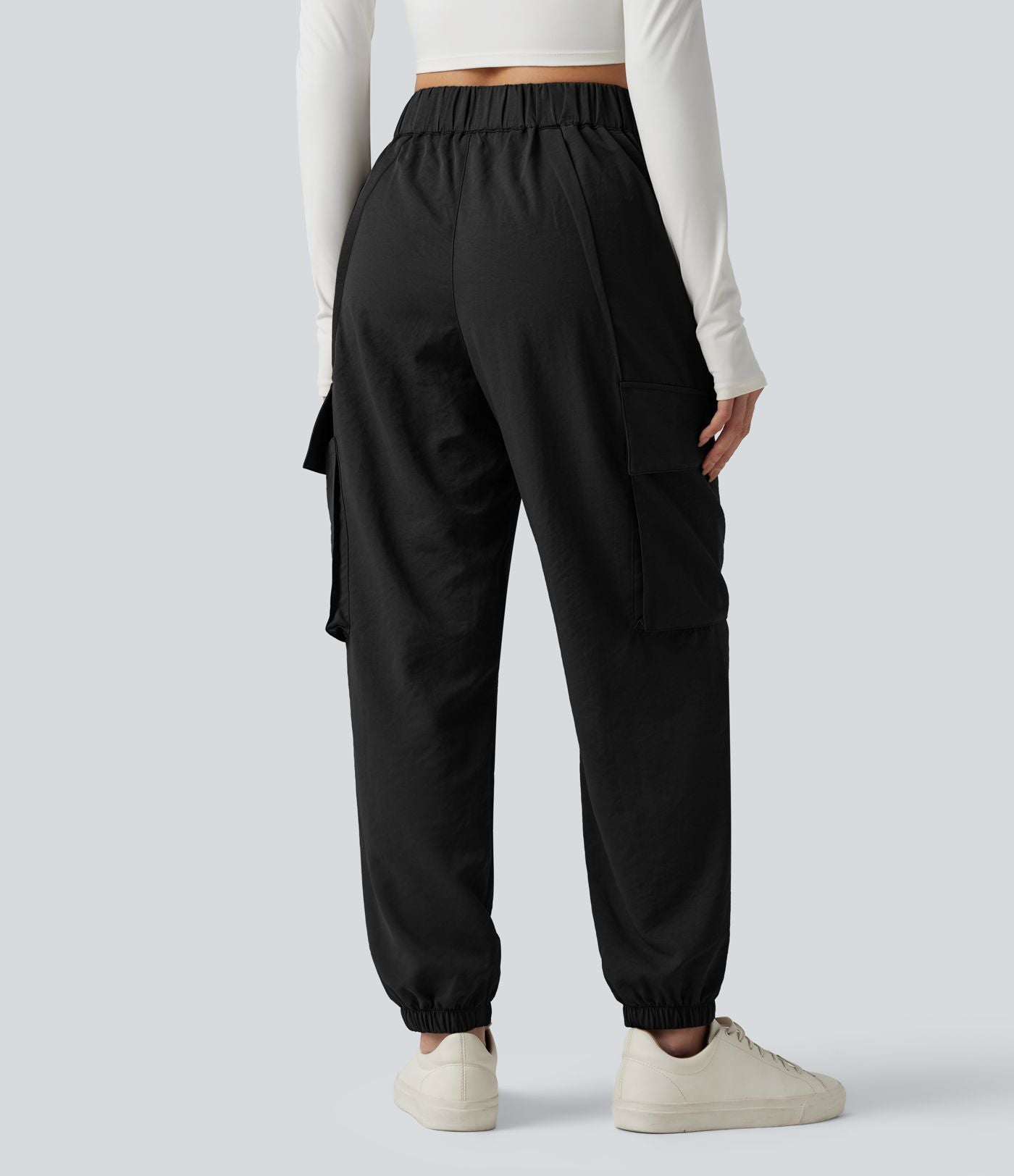 Jogging cargo décontracté, taille moyenne, à poches