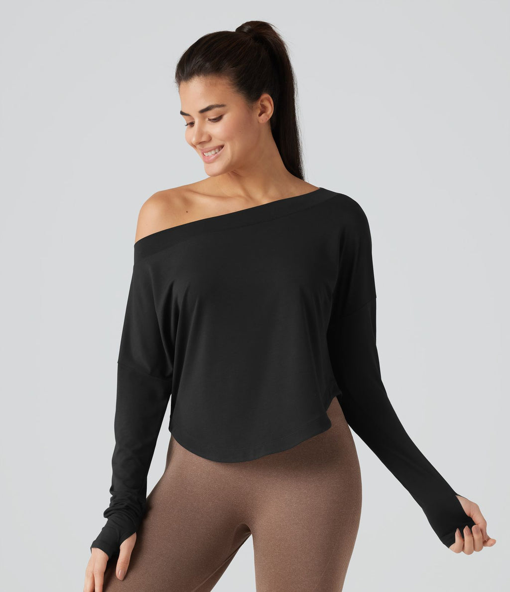 Top de sport yoga asymétrique une épaule manches longues avec trou pour le pouce, ourlet arrondi asymétrique et séchage rapide