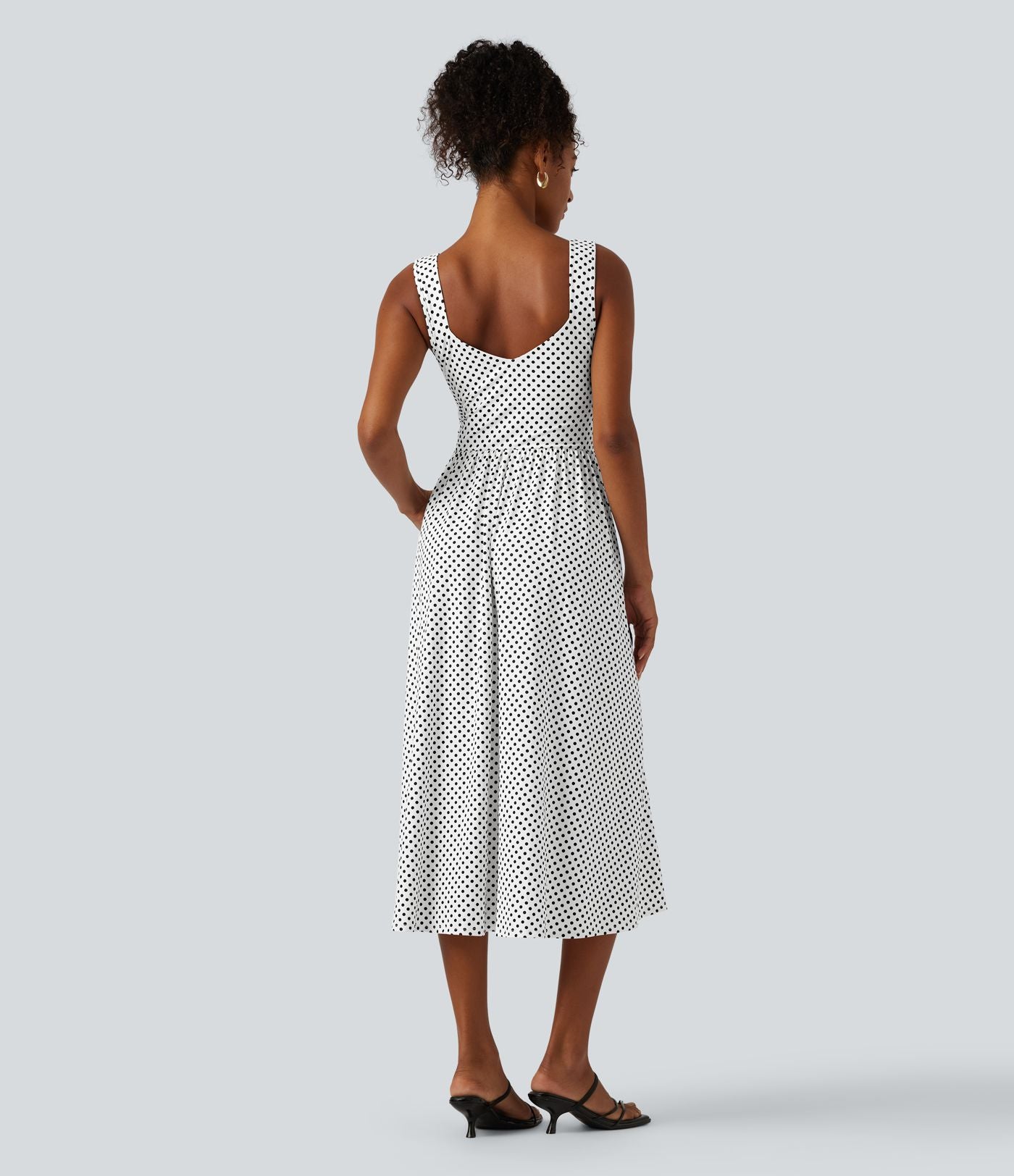 Robe midi casual fluide à pois sans manches dos nu avec brassière intégrée croisée et poches - Bonnets DD-F