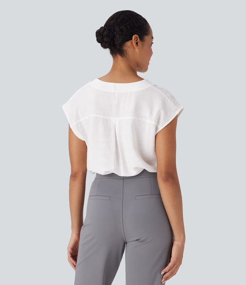 Blouse de Travail Col V Manches Courtes avec Boutons Décoratifs