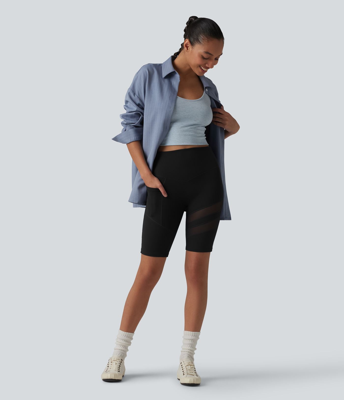 Short cycliste décontracté DayStretch taille haute gainant et push-up avec empiècement en mesh contrasté, 24 cm, poche