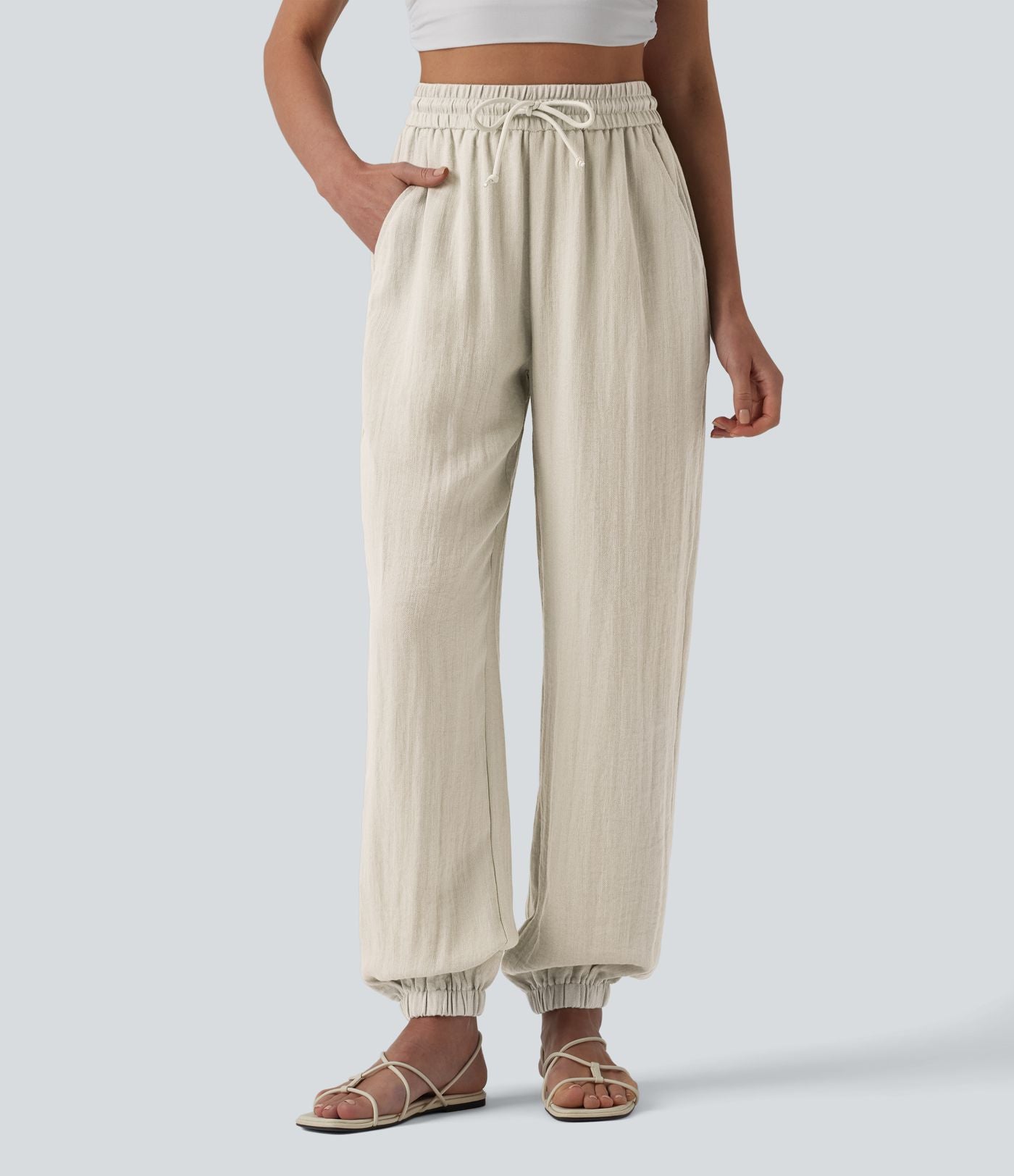 Jogging casual large ample taille haute aspect lin à cordon de serrage avec poches