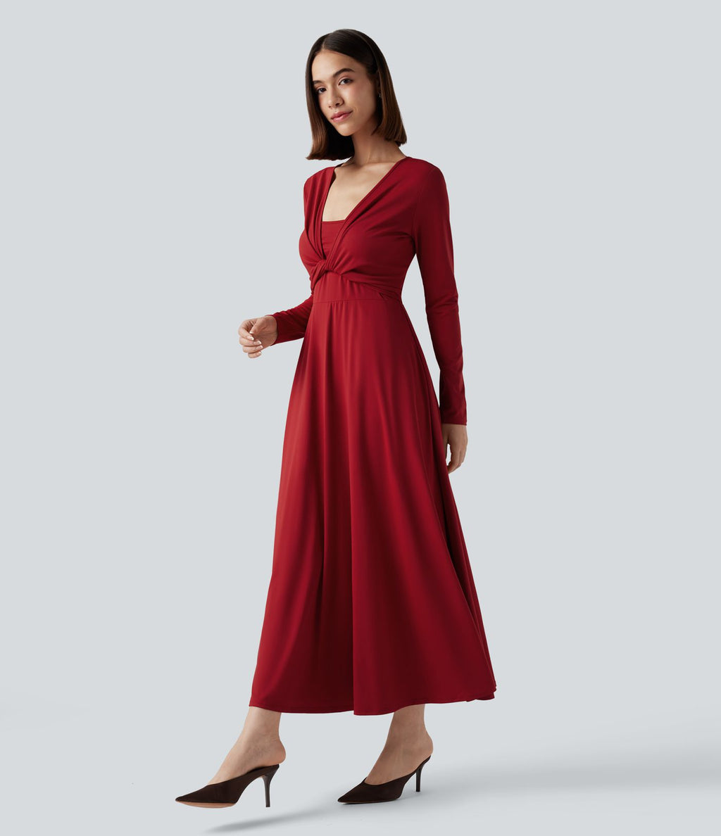 Robe mi-longue deux pièces à manches longues effet cache-cœur avec nœud au dos et poches
