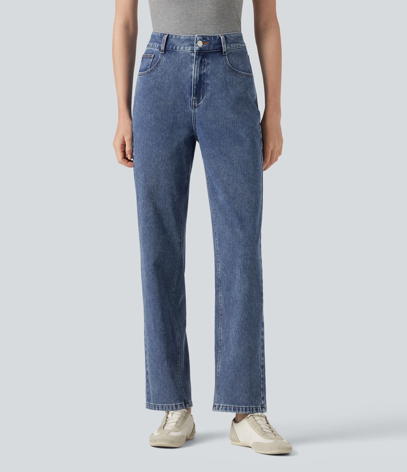 Halara Flex™ Jean droit extensible à taille haute avec bouton, fermeture éclair et poches multiples