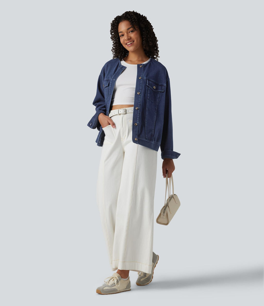 Halara Flex™ Veste décontractée en jean col rond manches longues avec poches