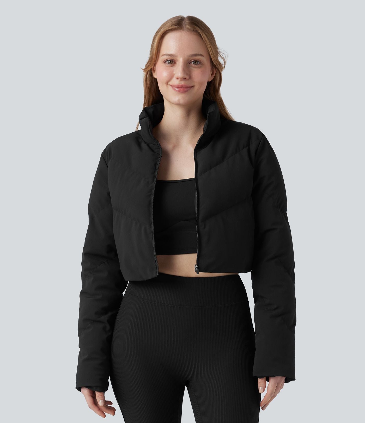PuffFlex Manteau doudoune 3-en-1 court casual à col montant et veste à ourlet arrondi avec passants pouces et poche