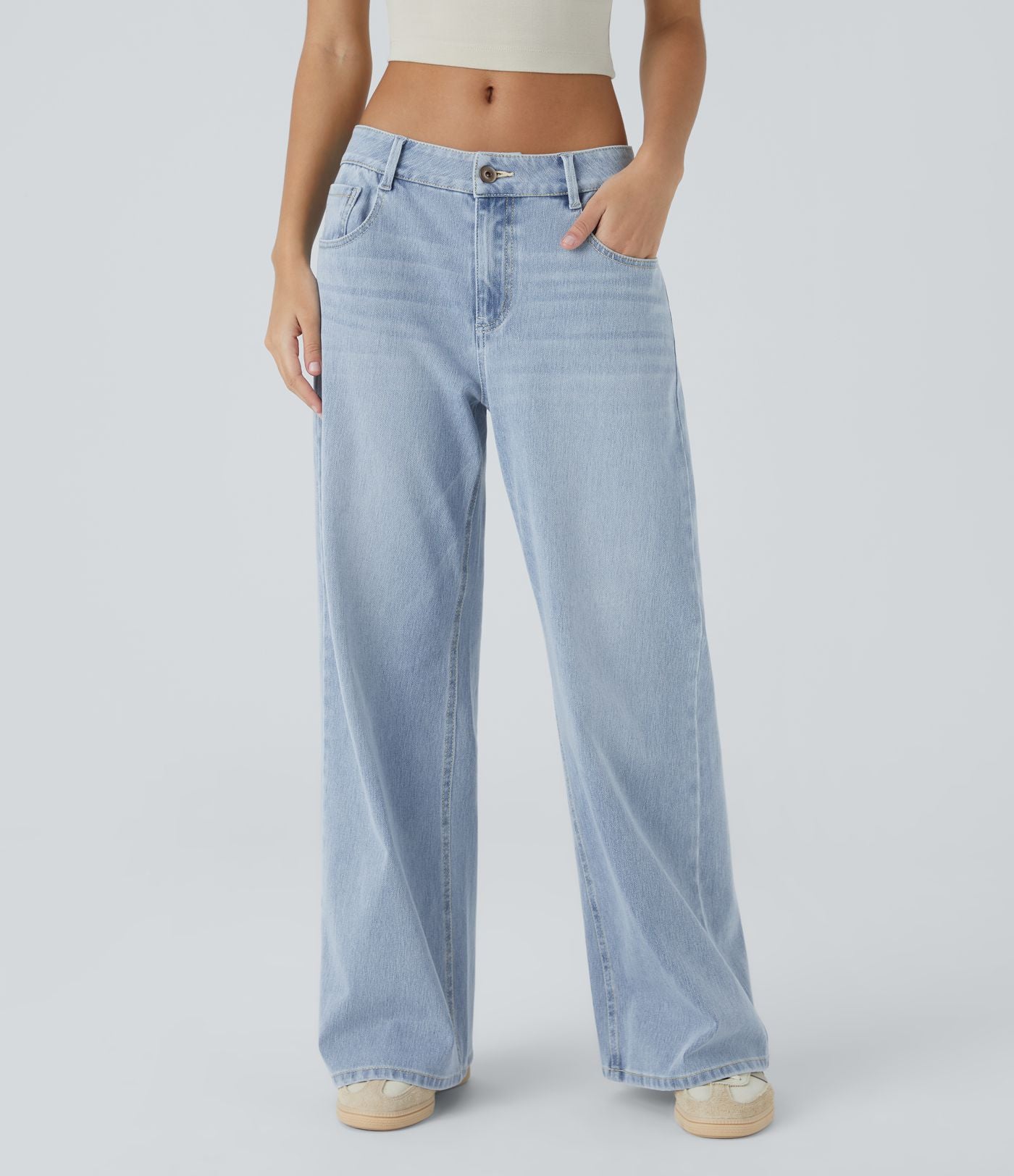 Halara Flex™ Jean Large Casual Taille Basse avec Boutons Zip Multiples Poches Lavés Élastiques et Tricotés