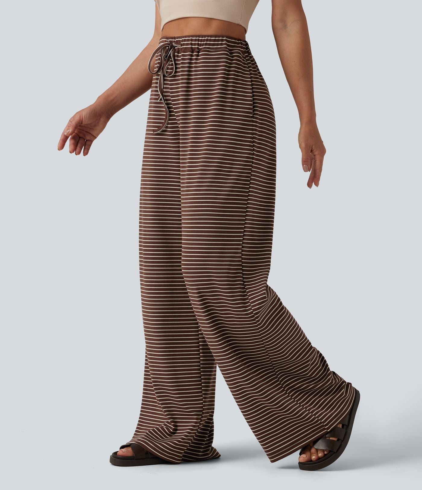 Pantalon large décontracté à rayures et taille haute avec cordon de serrage et poches