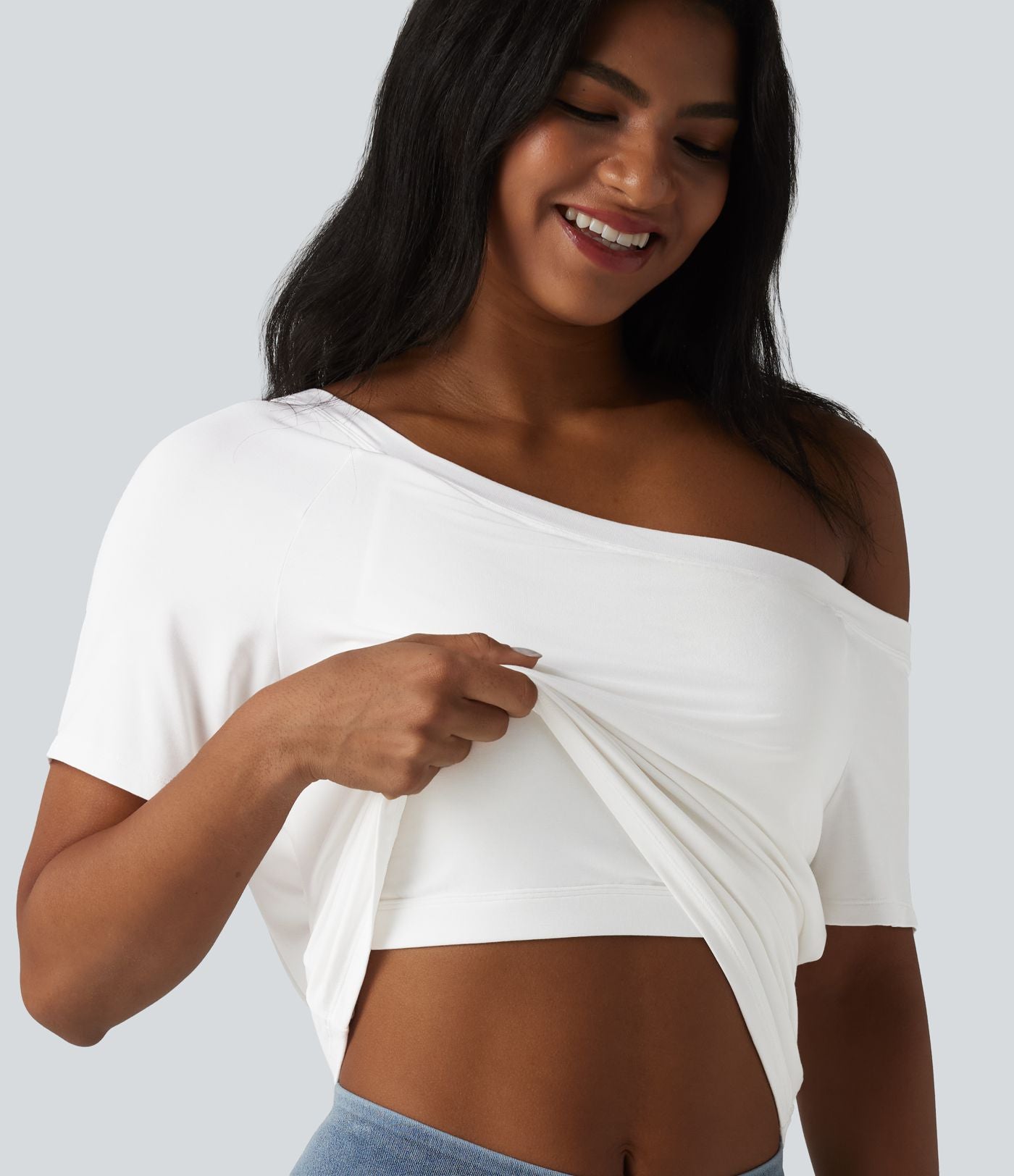 T-shirt décontracté asymétrique manches courtes soutien-gorge intégré nœud devant