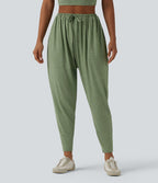 Pantalon sarouel décontracté chiné taille haute avec cordon de serrage et poches