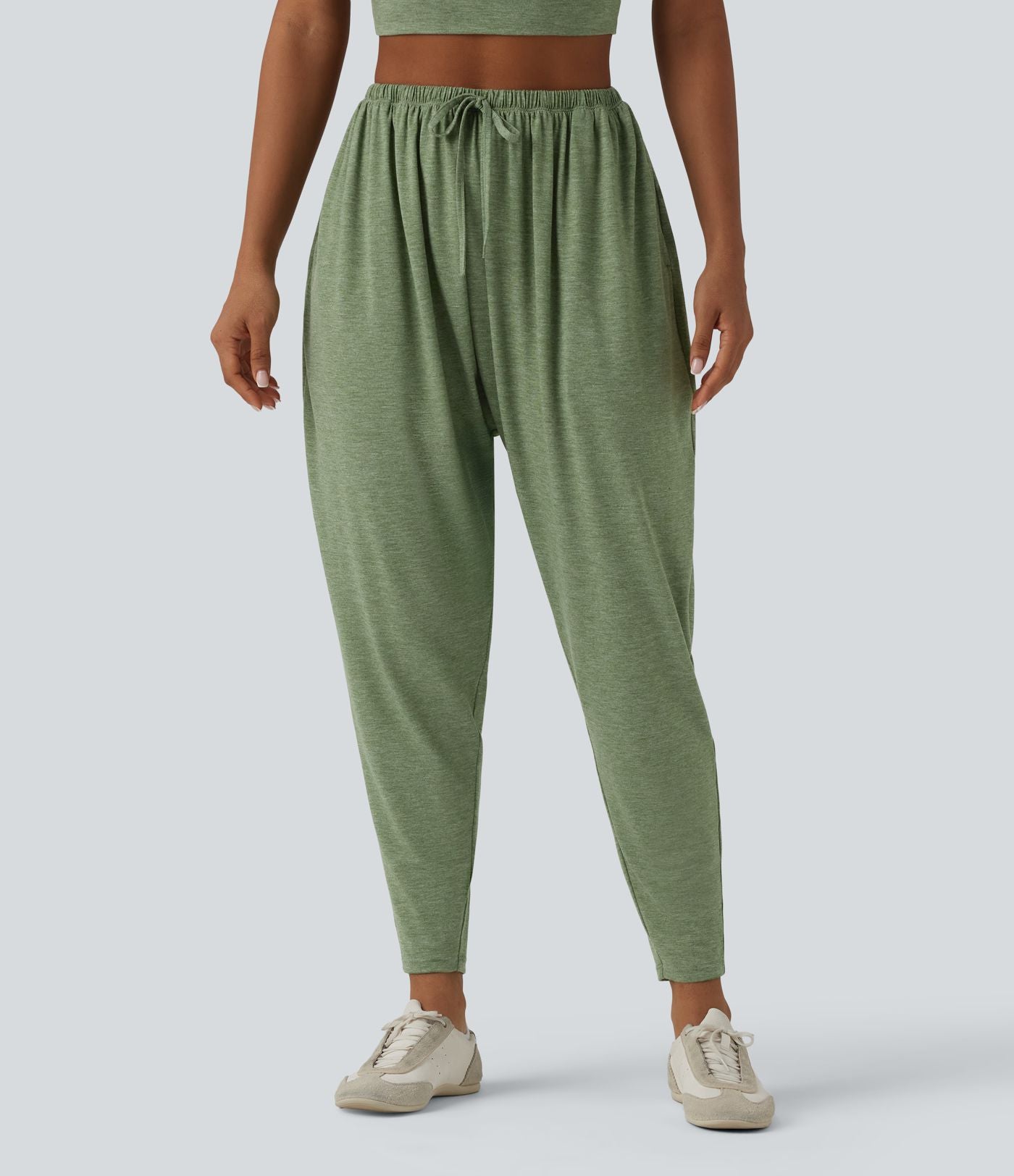 Pantalon sarouel décontracté chiné taille haute avec cordon de serrage et poches