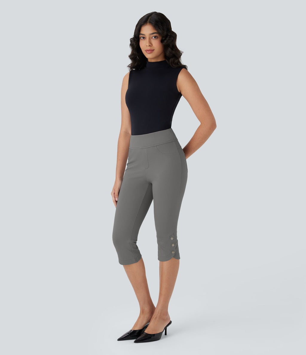 Pantalon Corsaire de Costume Taille Haute avec Poches Arrière et Boutons Pression