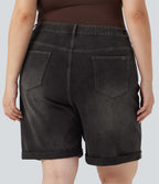 Short bermuda casual denim grande taille Halara Flex™ tricot extensible délavé taille haute multiples poches ourlet roulotté