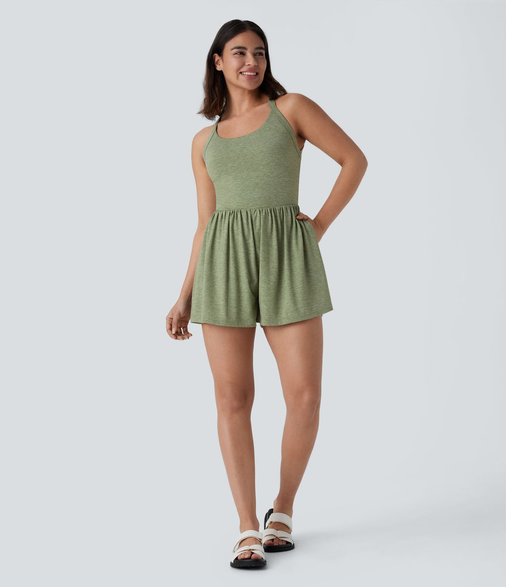 Combishort de villégiature 2-en-1 à dos nu, design torsadé, poches latérales - Édition Easy Peasy
