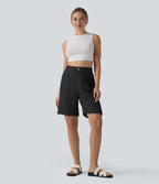 Bermuda casual taille haute aspect lin ourlet roulotté avec poches
