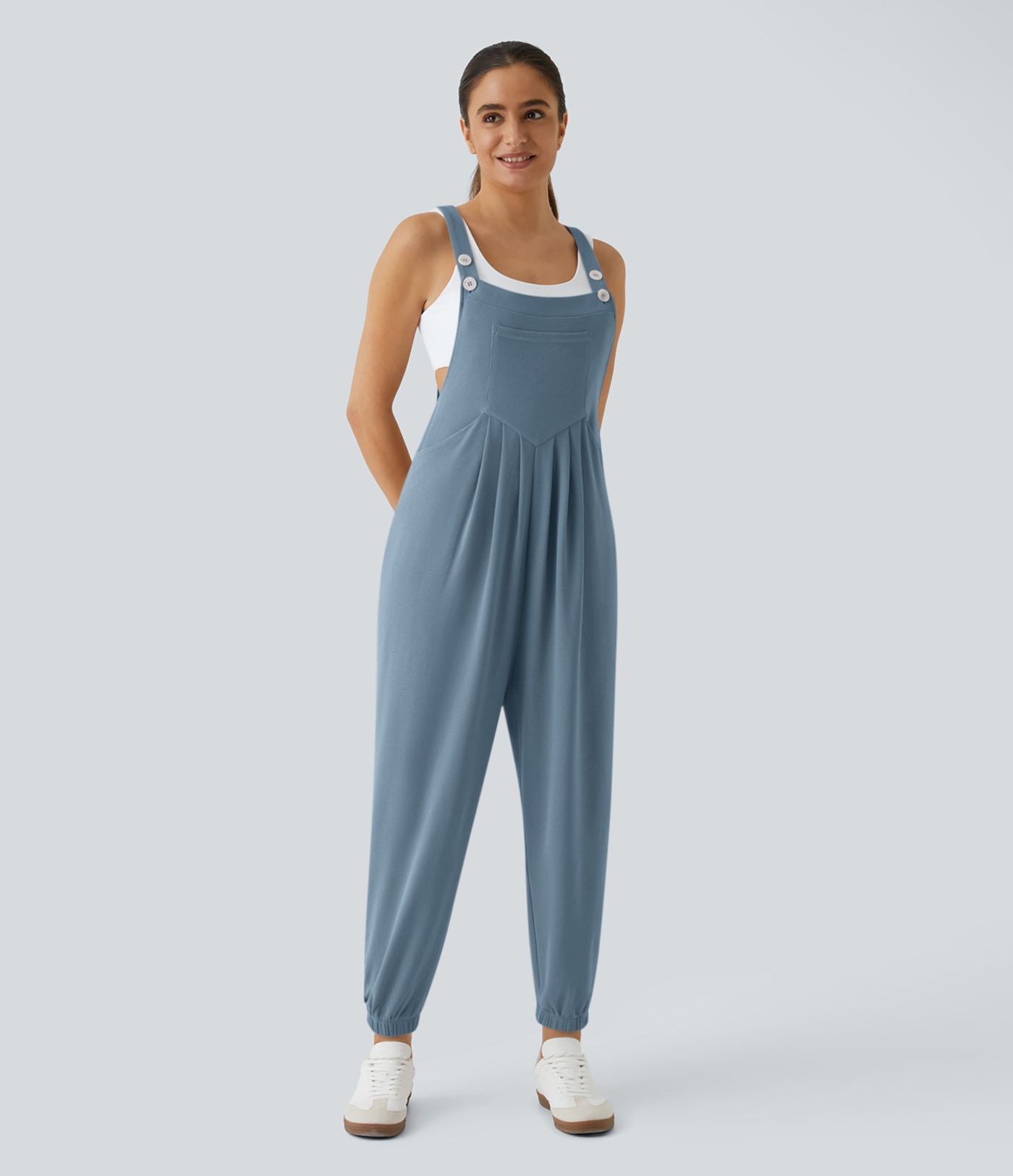 Salopette Casual Bretelles Ajustables Boutonnés Multiples Poches Plis et Tissu Gaufré