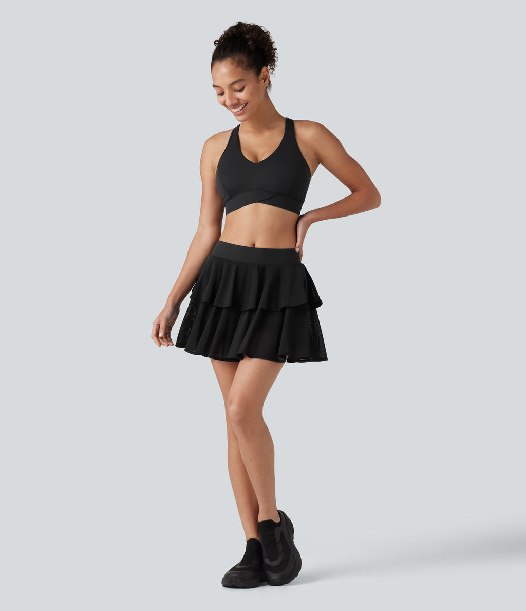 Jupe mini de tennis 2-en-1 à volants superposés, mesh respirant, taille mi-haute, à effet frais InstantCool, séchage rapide, avec poches