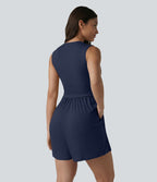 Combishort casual côtelé sans manches col V, fronces et soutien-gorge intégré, avec poches – Easy Peasy