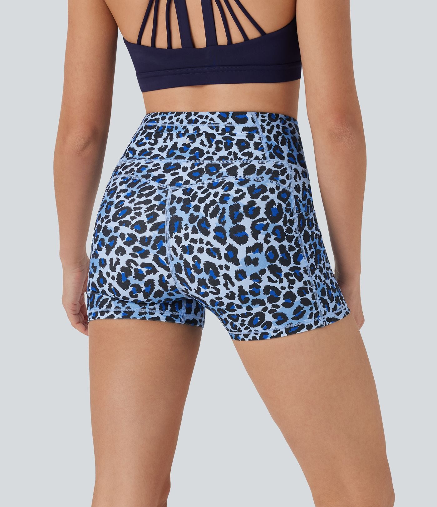 Short cycliste yoga 3'' taille haute imprimé léopard avec poches
