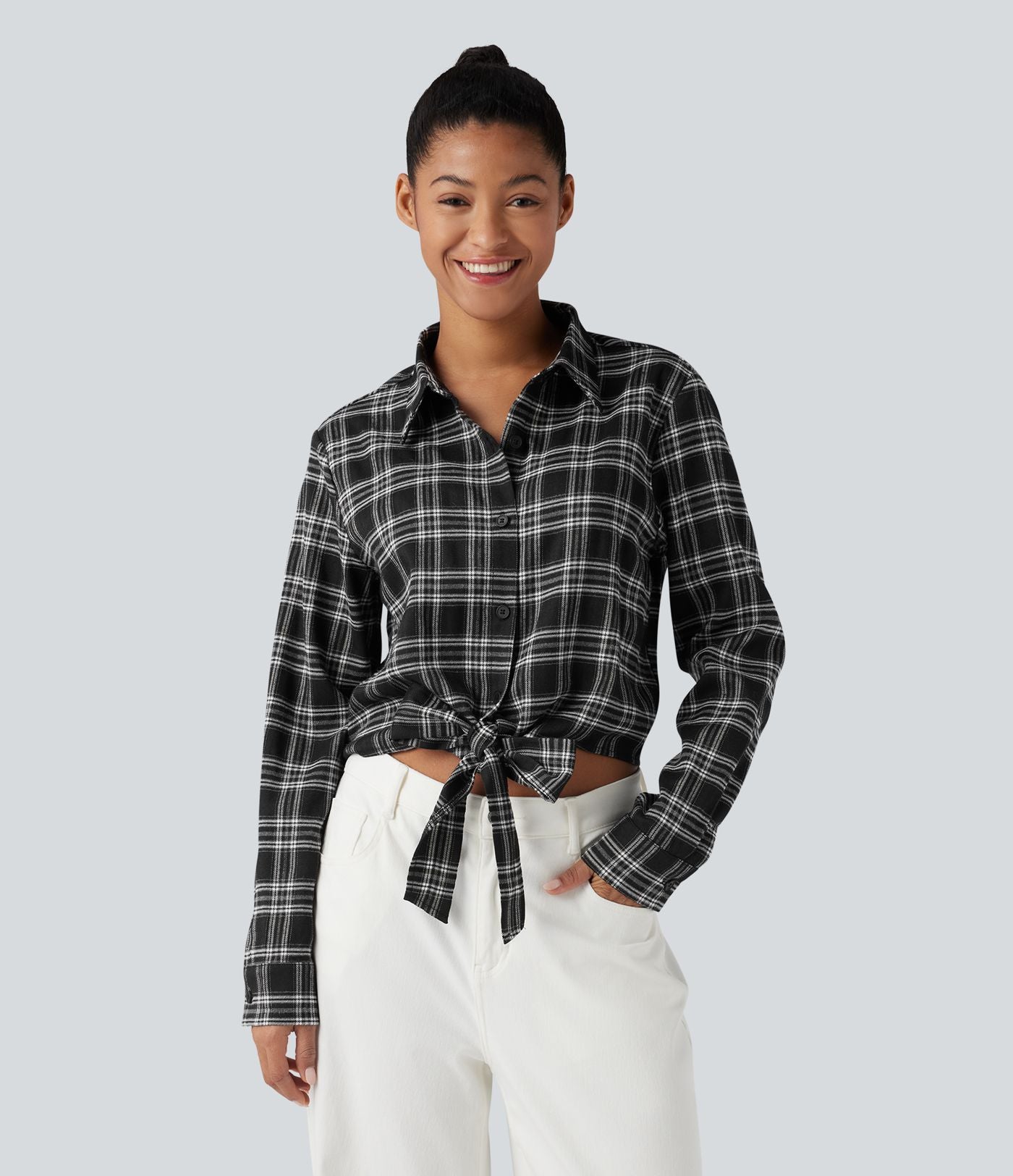 Chemise décontractée à carreaux, manches longues et nœud devant