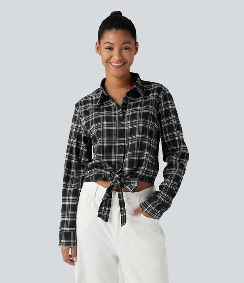 Chemise décontractée à carreaux, manches longues et nœud devant