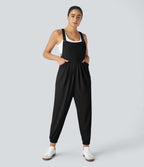 Salopette Casual Bretelles Ajustables Boutonnés Multiples Poches Plis et Tissu Gaufré