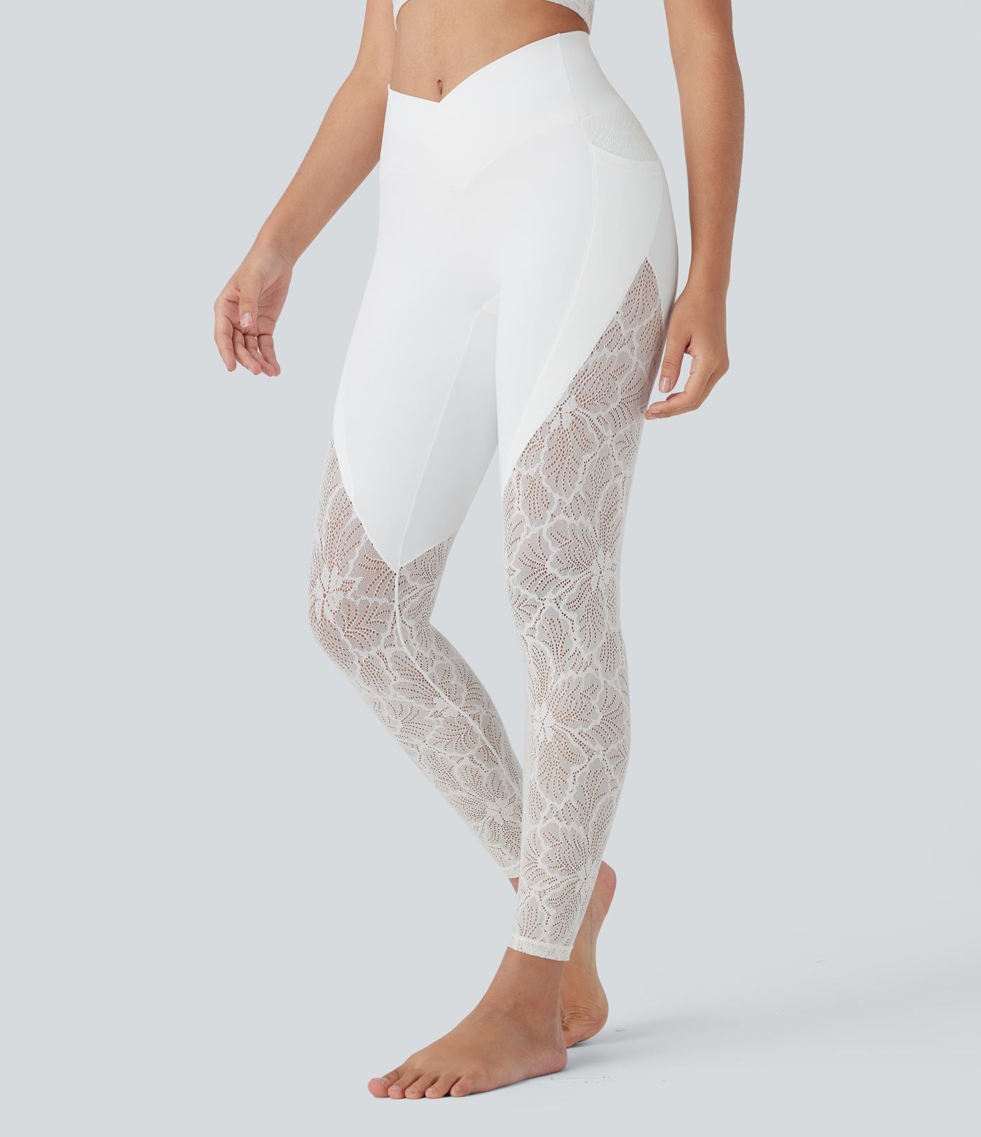 Legging de yoga 7/8 taille haute avec poches latérales, dos croisé et dentelle contrastante Softlyzero™-UPF50+