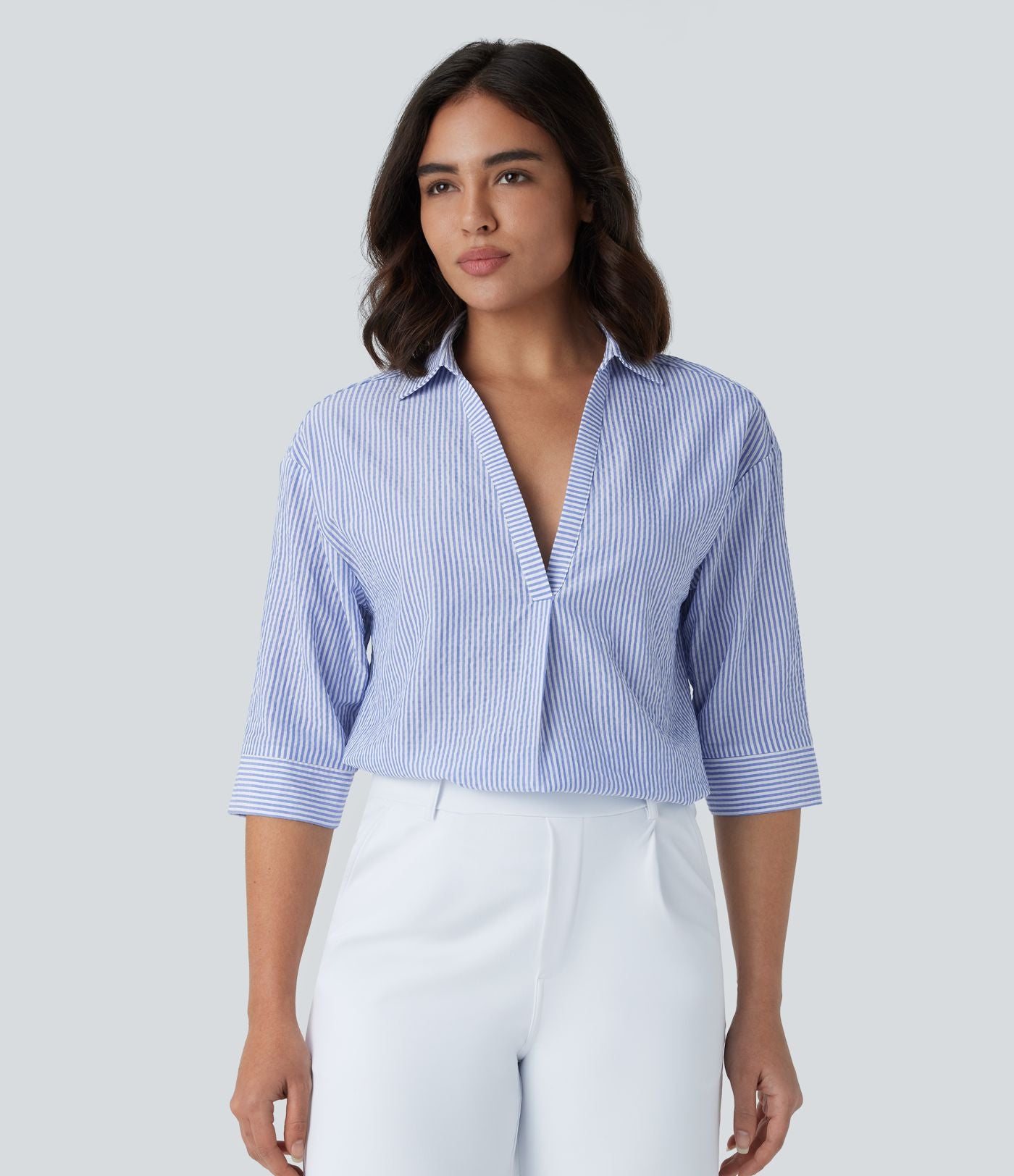 Chemisier rayé tailleur à manches mi-longues et ourlet arrondi